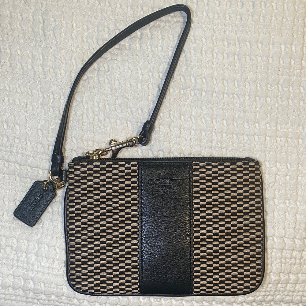 Coach Black and Brown Checkered Wristlet with gold hardware